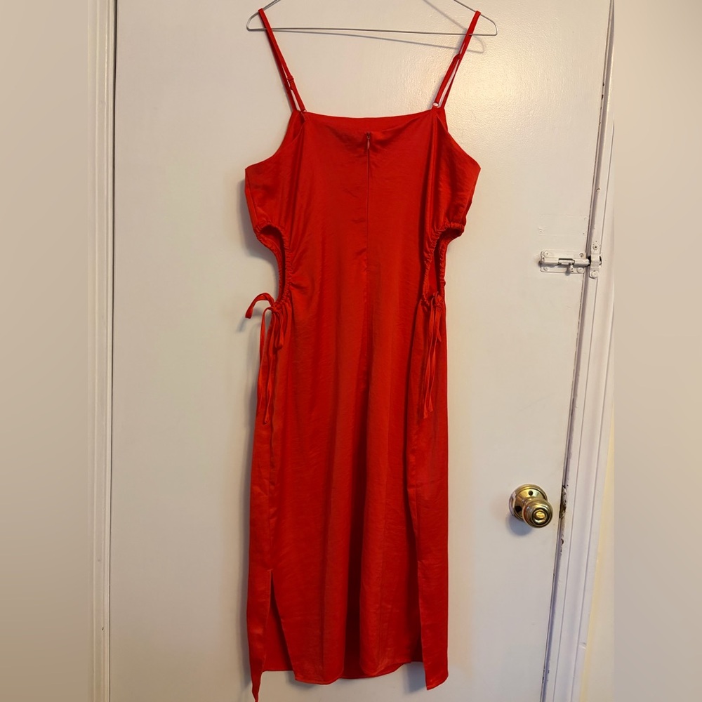 Satin Red Slip Midi Dress with Keyhole Side Tie Straps - Picture 3 of 5